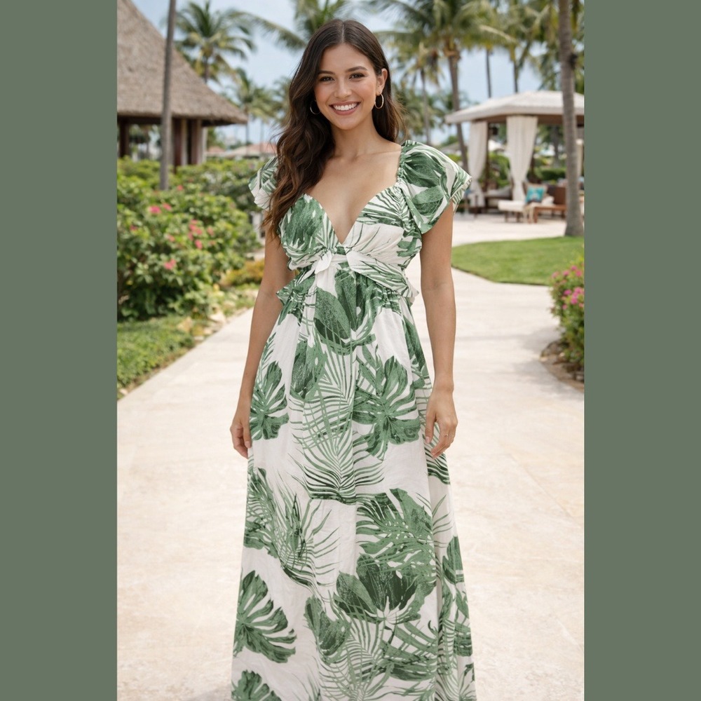 a.peach Women's Medium Maxi Dress Tropical Leaf Print Cutout Back Tie Resortwear